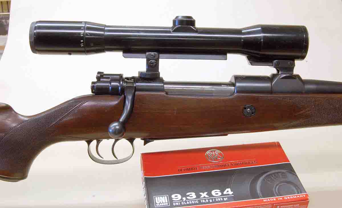 This original Wilhelm Brenneke-made sporter was built on a Mauser action with a Hensoldt scope in claw mounts.